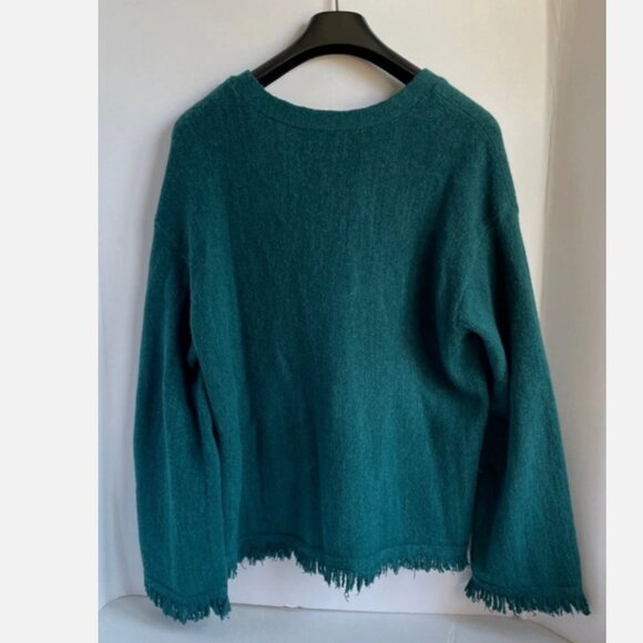 Anthropologie Wool Alpaca V-Neck Sweater Green Fringe Long Sleeve M - Picture 3 of 10